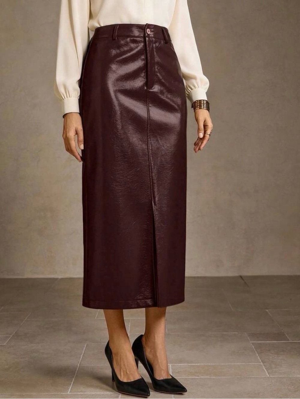MOTF Burgundy Solid Faux Leather Pencil Midi Skirt Lined Zip Button Women’s M